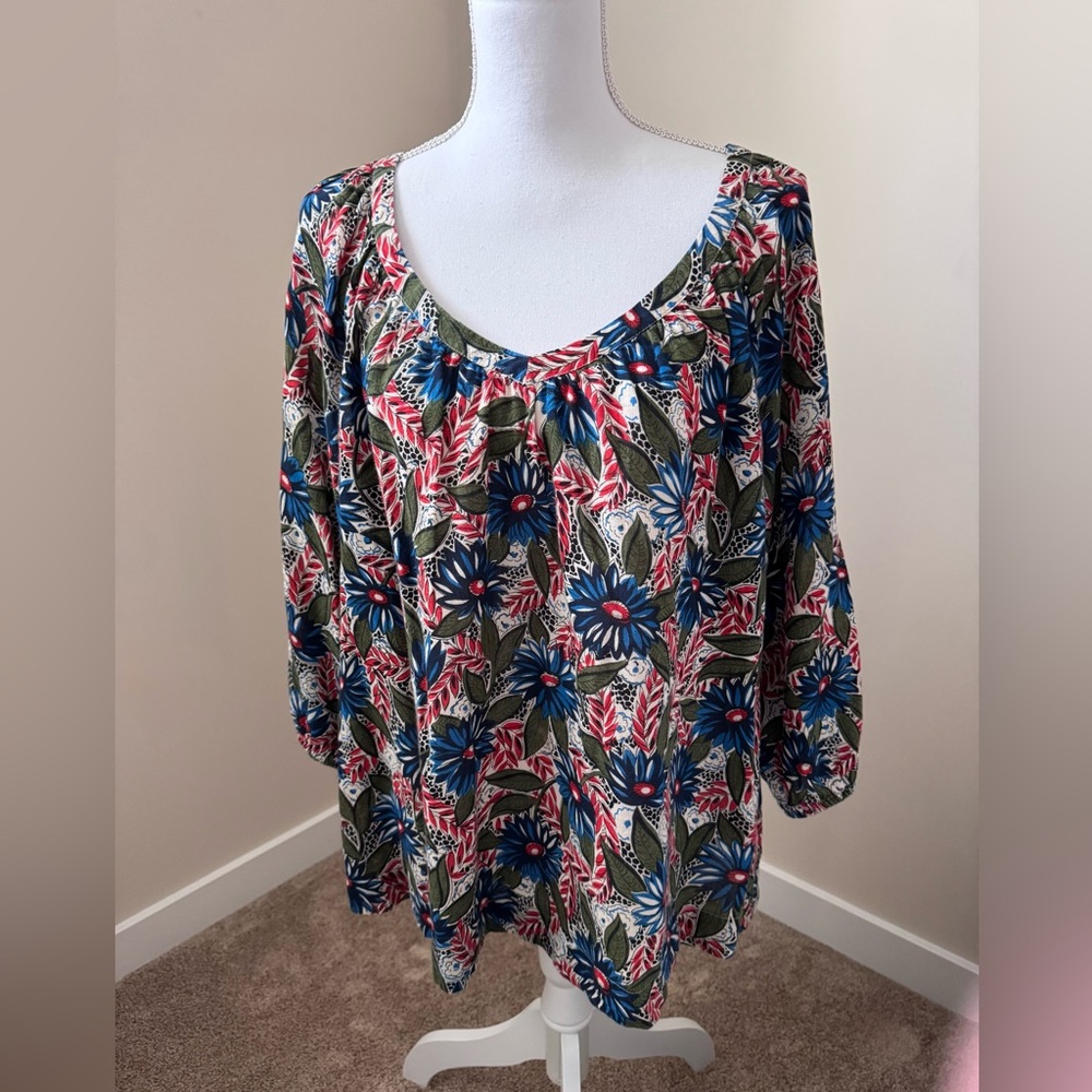 Lucky Brand Floral Scoop Neck Women's Top - Blue/Green/Red